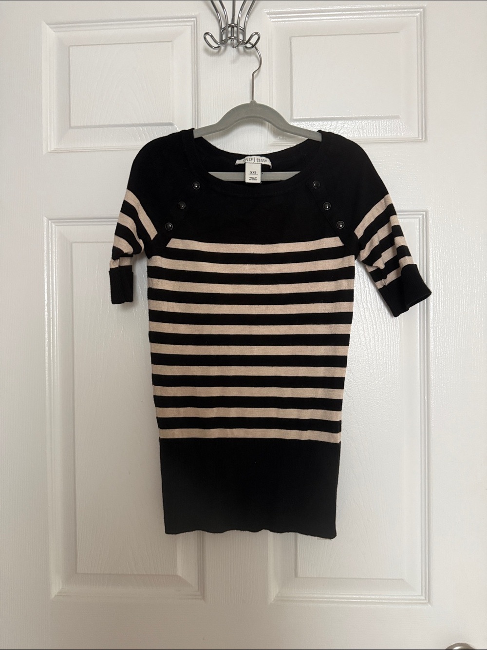 White House Black Market Black and Cream Striped Short-Sleeve Knit Top